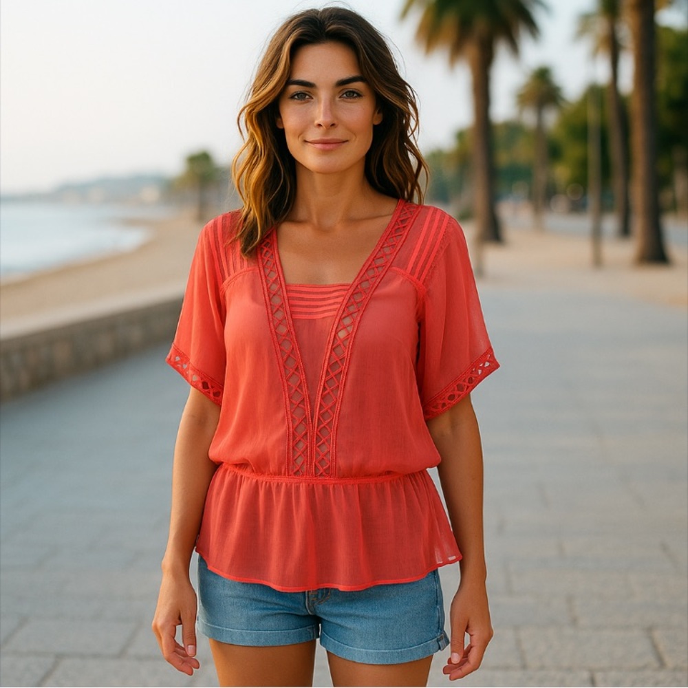 Chico’s Vintage Sheer Coral Red SheerTop Size 10